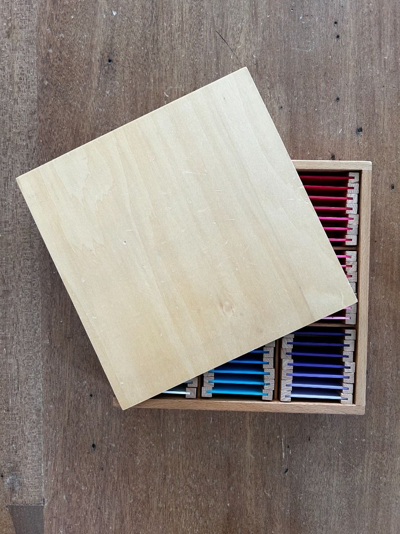 Preloved: Montessori Color Tablets Box 3 (Category: Educational & Learning Toys) located in Pasig City. Submitted by vcshoppers (Listing ID 1463804309, Image 3). Description: Preloved Complete pieces Wooden box with color tablets Includes a full spectrum of colors (red, pink, blue, purple, yellow, orange, brown, grey) Ideal for learning and sorting colors Smooth finish on wooden cards Comes with a wooden lid.