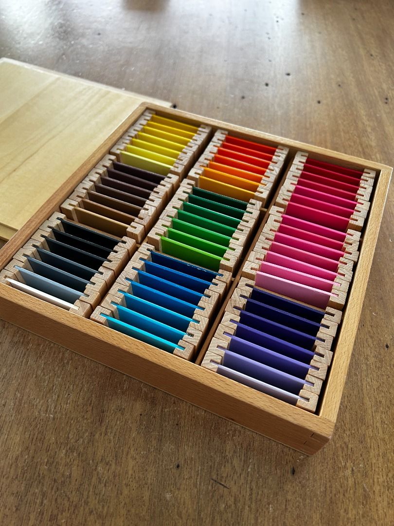 Preloved: Montessori Color Tablets Box 3 (Category: Educational & Learning Toys) located in Pasig City. Submitted by vcshoppers (Listing ID 1463804309, Image 1). Description: Preloved Complete pieces Wooden box with color tablets Includes a full spectrum of colors (red, pink, blue, purple, yellow, orange, brown, grey) Ideal for learning and sorting colors Smooth finish on wooden cards Comes with a wooden lid.