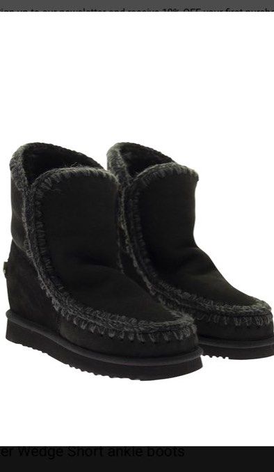 MOU Inner Wedge Short Ankle Boots Black Suede (Category: Boots) located in Baguio. Submitted by workwear2600 (Listing ID 1463749790, Image 1). Description: - Brand: MOU - Style: Ankle Boots - Color: Black - Material: Suede - Features: Inner wedge for added height, cozy knit trim - Sole: MOU logo detail - Size: 6 (Philippines) - Perfect for: Staying warm and stylish.
