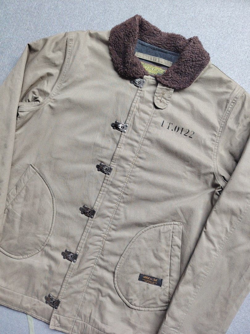 NEIGHBORHOOD N1 Deck Jacket IRON BUTTON (Category: Coats, Jackets and Outerwear) located in Taguig. Submitted by _theroom.ph (Listing ID 1463909912, Image 2). Description: - Brand: NEIGHBORHOOD - Color: Khaki - Size: XL Regular - Features: Sherpa collar, toggl button closure - Details: 'LT.0122' print on chest, two large front pockets, drawstring hem - Accent: Small nbhd.co.ltd tag NEIGHBORHOOD N1 Deck Jacket IRON BUTTON Size XL 29 x 22.5 7500 + 