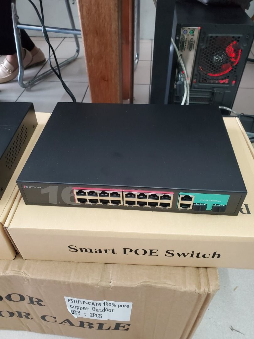NETLAB Smart POE Switch 16-Port (Category: Networking) located in Manila. Submitted by itshoppe2019 (Listing ID 1463761118, Image 1). Description: - NETLAB Smart POE Switch - 16 Ports - Ideal for networking - Tested and working well - Includes original box - Comes with 2 outdoor CAT6 cables.