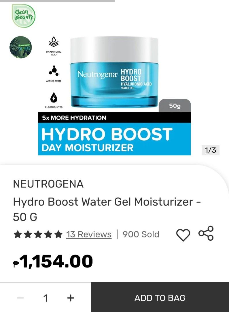 Neutrogena Hydro Boost Water Gel Moisturizer 50g (Category: Face Care) located in Mandaluyong City. Submitted by geppsie (Listing ID 1463750927, Image 3). Description: - Get 5x more hydration with Neutrogena Hydro Boost Water Gel. - Refreshing and lightweight formula. - Fights signs of premature aging. - Hydrates and replenishes dry, dehydrated skin. - Reduces the appearance of dry lines. - Smoothes uneven skin texture. - Leaves skin feeling supp