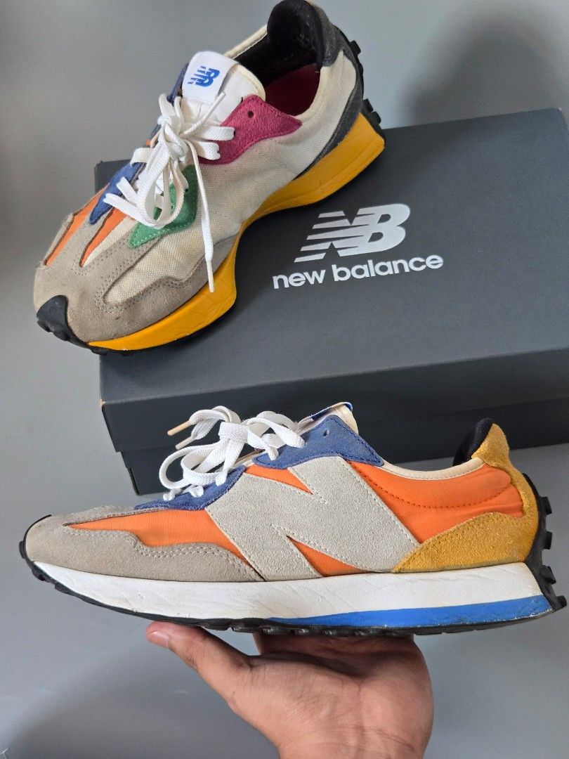 New Balance 327 Sneakers Multi-Color (Category: Sneakers) located in Pasig City. Submitted by anton81300 (Listing ID 1463761815, Image 3). Description: - New Balance 327 sneakers 💯 - Colorway: Grey, orange, blue, and yellow mix - Condition: signs of usage, with minor flaw on stitchings but the soles are intact✅ - see photos for the sole and other parts of the shoe's condition 📢 - White laces - Ideal for casual wear👌 rfs: di na nagagamit (declu