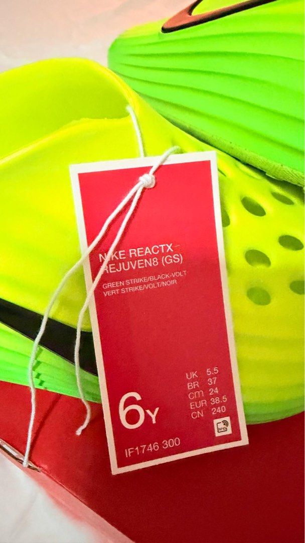 Nike Reactx Rejuven8 8 GS Neon Green Slides (Category: Activewear) located in Mandaue City. Submitted by valuevolt (Listing ID 1463748490, Image 3). Description: - Nike Reactx Rejuven8 8 slides - Vibrant neon green gradient (lime to light green) - Easy slip-on design - Ideal for casual wear or after sports - Kids' Size 6Y (or will check for available size) - items Available from December 27, 2026 - payment term: 70% Advance; 30% balance - items i