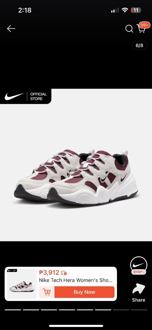 Nike tech hera (rfs: wrong size) (Category: Sneakers) located in Cabuyao City. Submitted by dayanalagmanmolina (Listing ID 1463927353, Image 2). Description: - Brand: Nike - Model: Tech Hera Women's Shoes - Color: Burgundy Crush - Size: US 6.5 - Condition: Excellent, like new (Reason for Selling: Wrong Size) - Features: Stylish chunky sneaker design, premium materials, suitable for everyday wear..