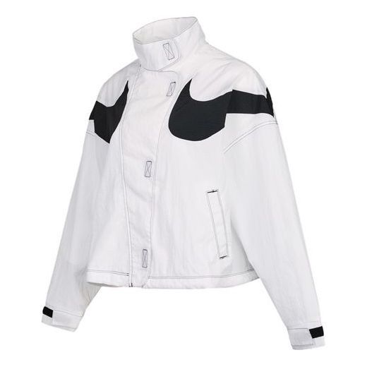 Nike White Swoosh Windbreaker Jacket (Category: Coats, Jackets and Outerwear) located in Maasim. Submitted by ukayganda25 (Listing ID 1463850776, Image 1). Description: - White Nike windbreaker jacket - Size S - Features a bold black oversized swoosh design - High collar with snap closure - Button front closure - Convenient side pockets - Elastic cuffs for a snug fit - Ideal for layering or as a lightweight outerwear option.