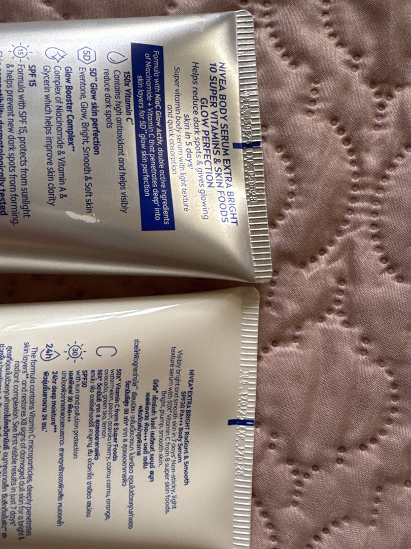 NIVEA Extra Bright Body Serum 300ml & 320ml (Category: Body Care) located in Muntinlupa City. Submitted by tinry (Listing ID 1463761438, Image 2). Description: 400 for both 80% full Expiry 2028 .