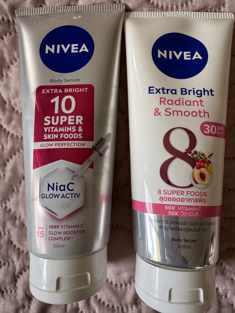 NIVEA Extra Bright Body Serum 300ml & 320ml (Category: Body Care) located in Muntinlupa City. Submitted by tinry (Listing ID 1463761438, Image 1). Description: 400 for both 80% full Expiry 2028 .