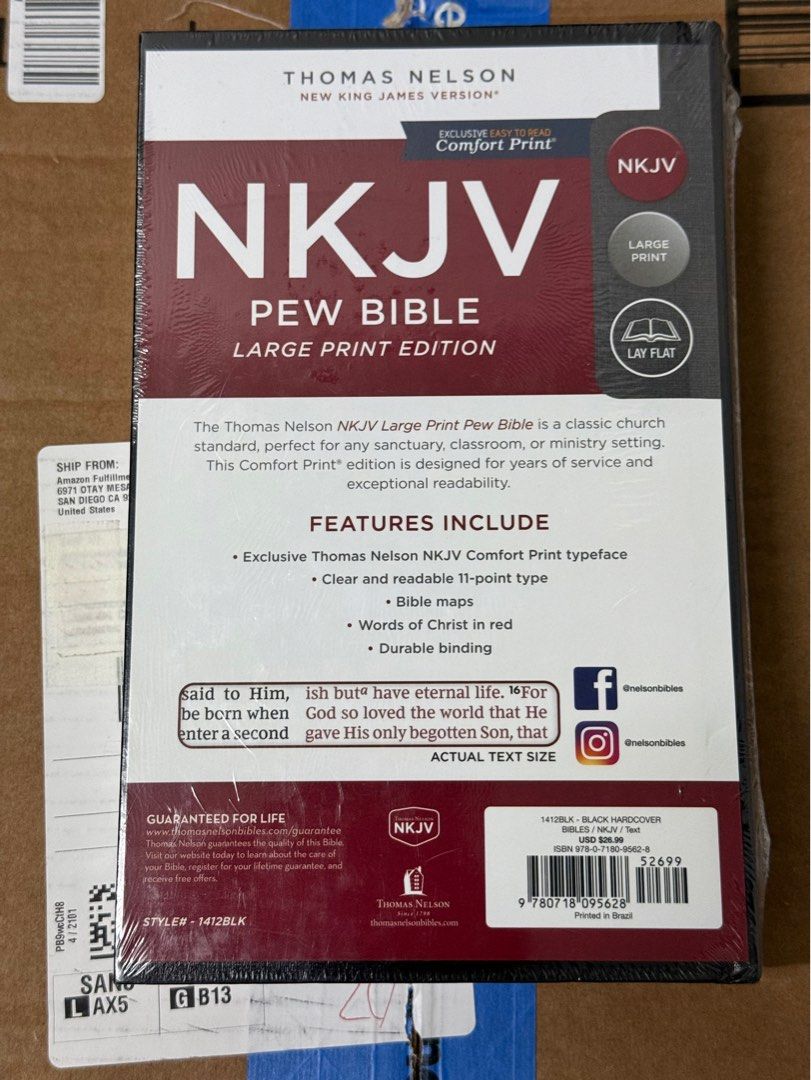 Holy Bible NKJV (Category: Religion Books) located in Manila. Submitted by lubi_lubi (Listing ID 1463901587, Image 2). Description: - Thomas Nelson NKJV Pew Bible - Large Print Edition with Comfort Print - Durable Black Hardcover - Clear and Readable 11-point type - Features Bible Maps - Words of Christ in Red - Ideal for sanctuary, classroom, or ministry. Fixed price (2 stocks left).