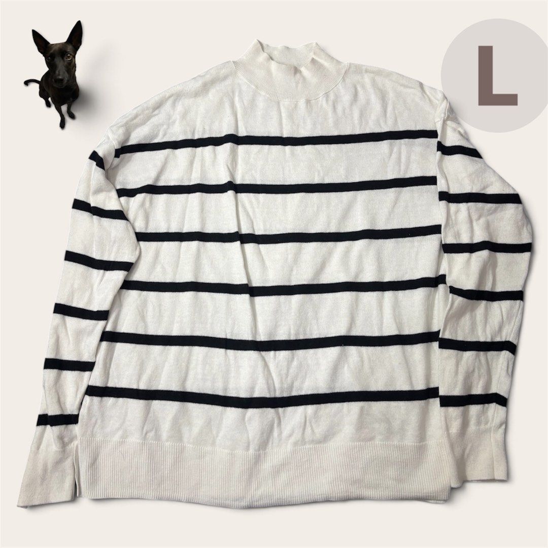 Old Navy Striped Mock Neck Sweater Size L (Category: Longsleeves) located in Trece Martires City. Submitted by yasxhi (Listing ID 1463921155, Image 1). Description: - White sweater with classic black horizontal stripes - Stylish mock neck design - Long sleeves with ribbed cuffs - Made in Vietnam - Versatile piece: great for layering or wearing solo - Only worn once.