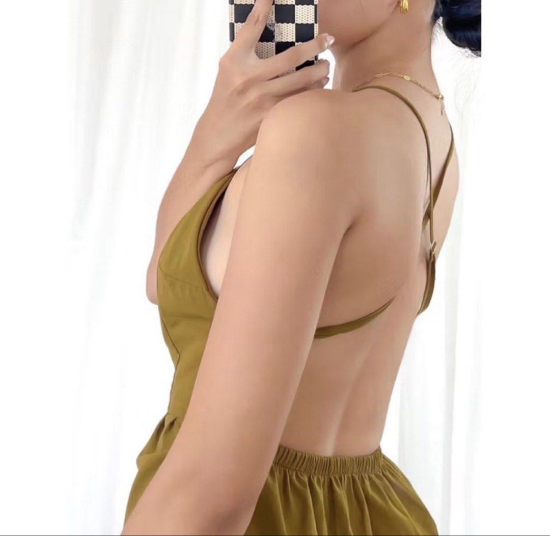 Olive Green Mini Dress with Strappy Back (Category: Dresses) located in Paranaque City. Submitted by shopnrepeat_ (Listing ID 1463915525, Image 1). Description: free size best fit S-M backless adjustable strap never used .