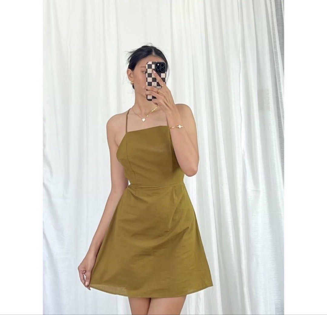 Olive Green Mini Dress with Strappy Back (Category: Dresses) located in Paranaque City. Submitted by shopnrepeat_ (Listing ID 1463915525, Image 2). Description: free size best fit S-M backless adjustable strap never used .