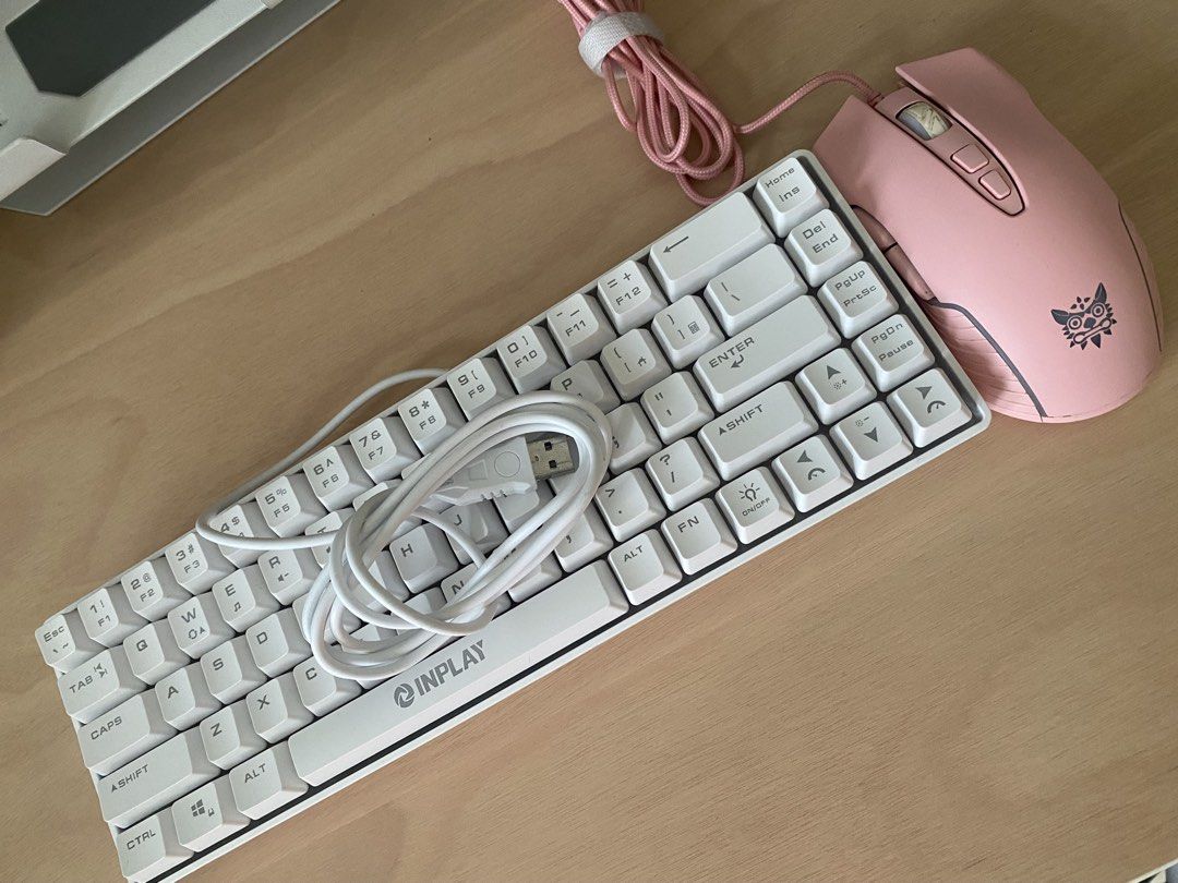 ONIKUMA gaming mouse (wired) & INPLAY 68 gaming keyboard (Category: Computer Keyboard) located in Manila. Submitted by redcorpuz (Listing ID 1463823906, Image 1). Description: - White INPLAY BK680 68-key gaming keyboard - Pink ONIKUMA gaming mouse - Selling as set only! - in very good condition RFS: no more time to play Valo. Needs funds for sound set up. .