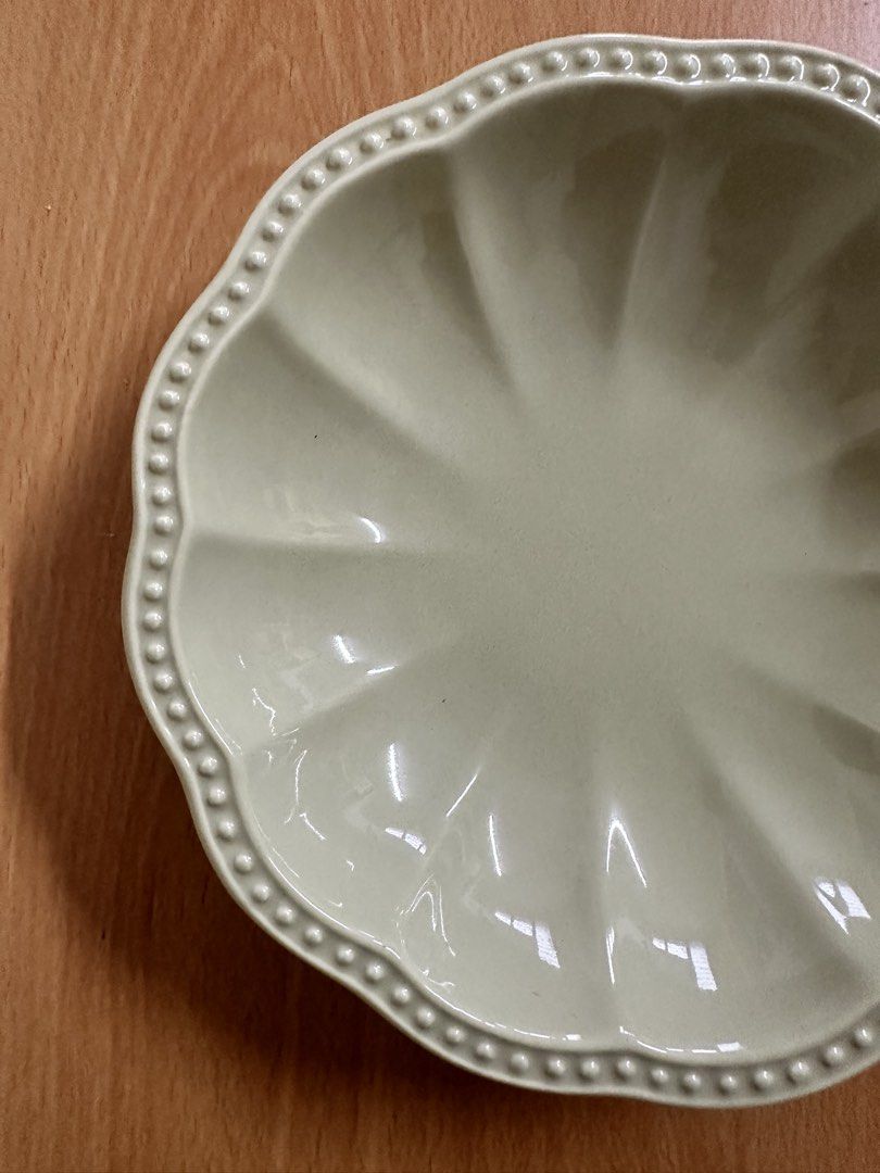 Open Invitation Scalloped Beaded Salad Bowl (Category: Dinnerware & Cutlery) located in Paranaque City. Submitted by seektoshop (Listing ID 1463752482, Image 3). Description: ✨ This Ceramic Scalloped Bowl stoneware piece is highly recognized by its distinct beaded detailing along the scalloped rim paired with wide, embossed vertical ridges running down the interior sides. ✔️ Part of the Open Invitation collection ✔️ Sage green scalloped plate wit