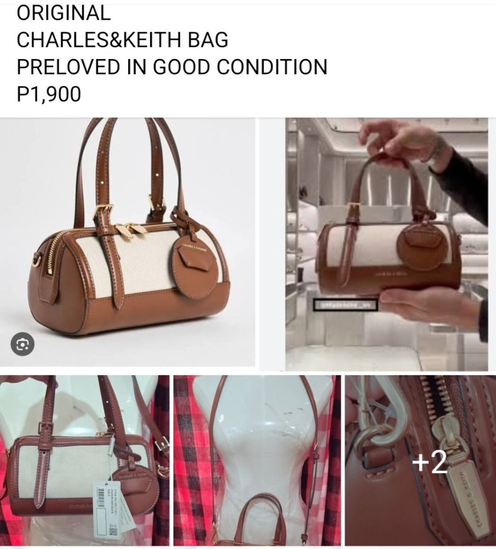 Original Charles & Keith Bag - Brown and White (Category: Shoulder Bags) located in Manila. Submitted by katkween23 (Listing ID 1463760089, Image 1). Description: - Original Charles & Keith bag - Color: Brown and white - Features: Top handles, detachable shoulder strap, zipper closure - Unique detail: Small circular tag - Ideal for: Everyday use.