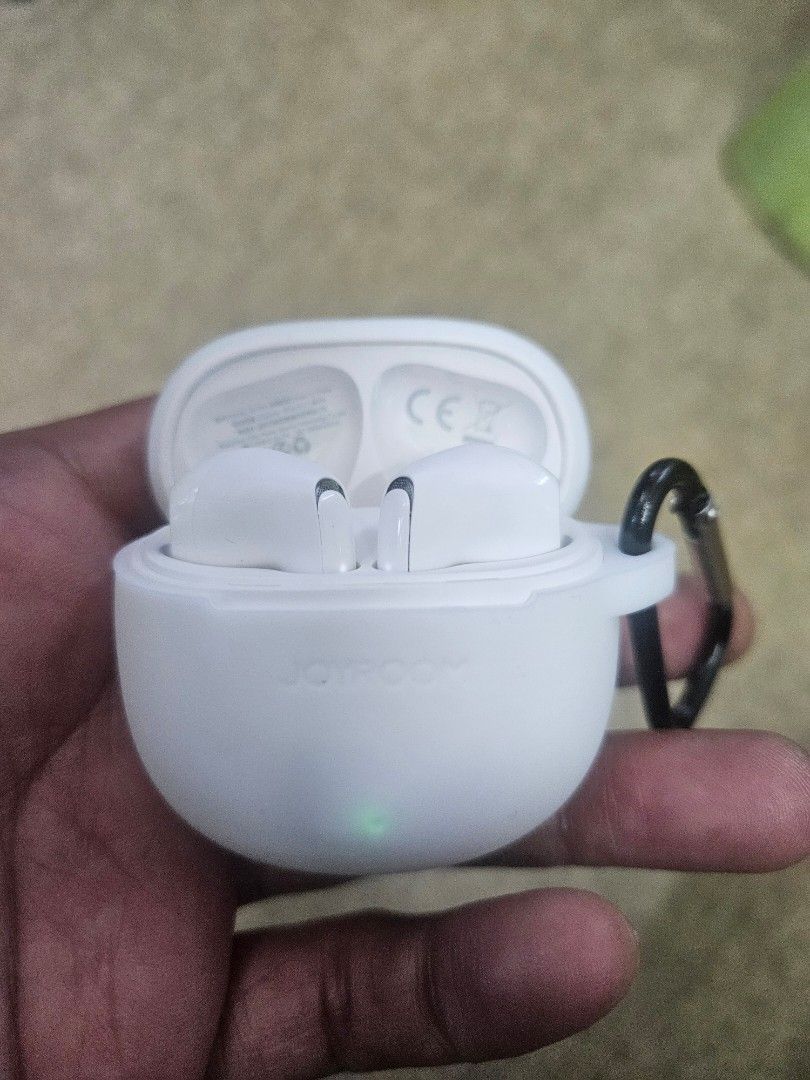 Original JOYROOM Funpods FB1 AI Wireless Earbuds (Category: Other Mobile & Gadget Accessories) located in Pasay City. Submitted by son_castor (Listing ID 1463789938, Image 2). Description: JOYROOM Funpods FB1 AI Wireless Earbuds as the exact product reference. Keep the JOYROOM logo, packaging, earbuds, charging case, protective case, and carabiner accurate and unchanged. Show all product components together in one clean, professional studio compo