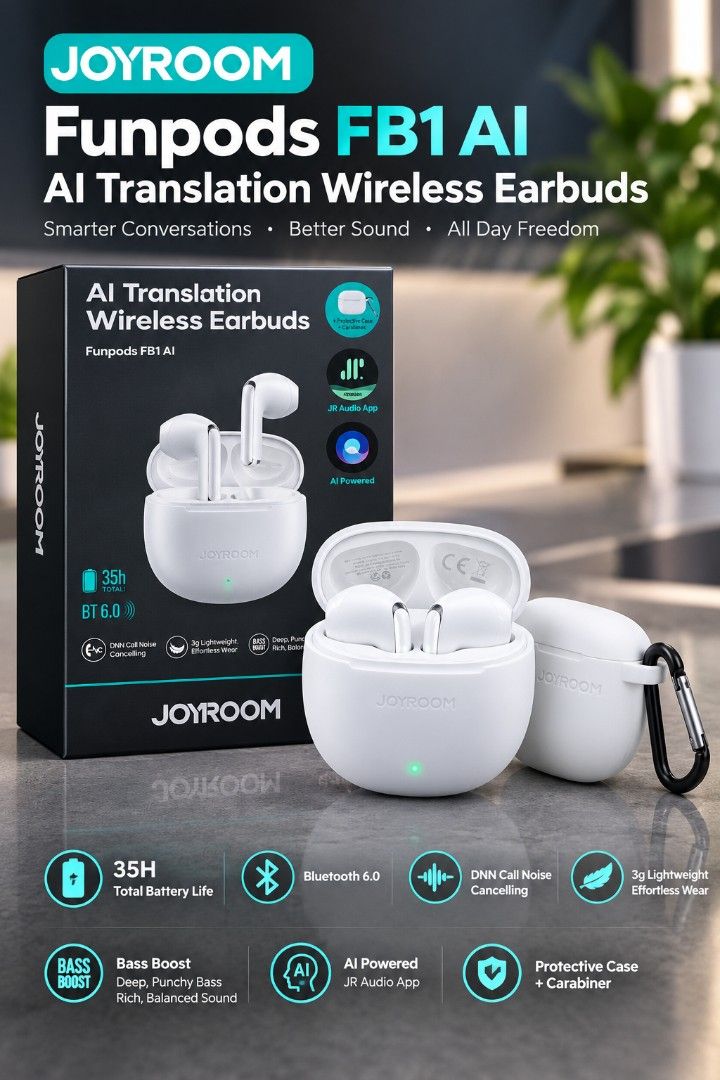 Original JOYROOM Funpods FB1 AI Wireless Earbuds (Category: Other Mobile & Gadget Accessories) located in Pasay City. Submitted by son_castor (Listing ID 1463789938, Image 1). Description: JOYROOM Funpods FB1 AI Wireless Earbuds as the exact product reference. Keep the JOYROOM logo, packaging, earbuds, charging case, protective case, and carabiner accurate and unchanged. Show all product components together in one clean, professional studio compo