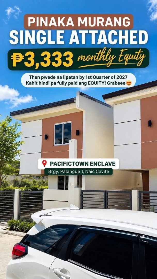 Paciftown Enclave Single Attached House in Naic, Cavite (Category: House & Lot) located in Quezon City. Submitted by tominesvirgie (Listing ID 1463774620, Image 1). Description: 🏡✨ PINAKA MURANG SINGLE ATTACHED SA NAIC, CAVITE! ✨🏡 💰 ₱3,333 Monthly Equity Lang! 📍 Pacifictown Enclave, Brgy. Palangue 1, Naic, Cavite ✅ Single Attached Unit ✅ May Provision for 3 Bedrooms ✅ May Carport / Parking Area ✅ Gated Community ✅ Pwede nang Lipatan by 1st Qu