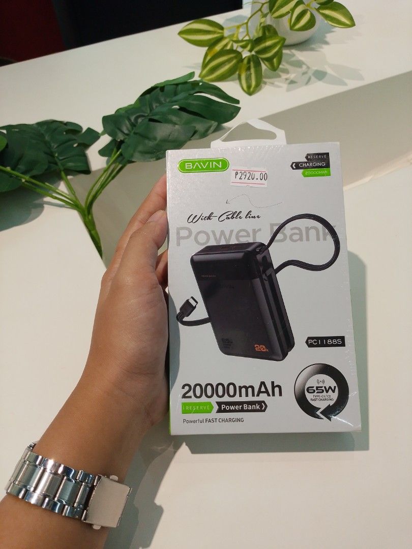 PC1188S POWER BANK (Category: Batteries & Power Banks) located in Quezon City. Submitted by emem_00 (Listing ID 1463779267, Image 1). Description: - Brand: BAVIN - Model: PC1188S - Capacity: 20000mAh - Features: Powerful Fast Charging, Built-in Cable Line - Color: Black - Condition: New.