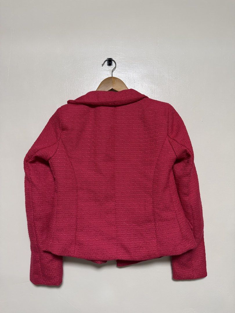 SHEIN - Pink Tweed Cropped Blazer Jacket (Category: Coats, Jackets and Outerwear) located in Manila. Submitted by don_p (Listing ID 1463866837, Image 2). Description: XS to S - Cute pink tweed cropped blazer - Double button closure - Two front pockets - Fully lined inside - Versatile: pairs well with jeans or trousers.