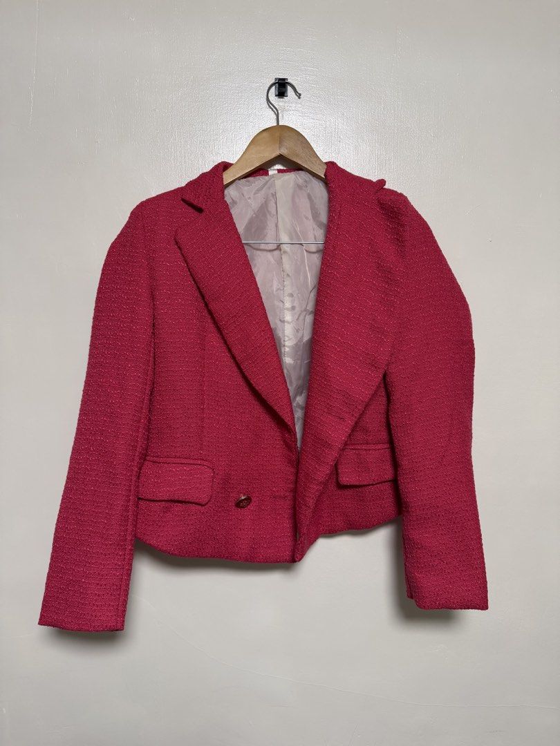 SHEIN - Pink Tweed Cropped Blazer Jacket (Category: Coats, Jackets and Outerwear) located in Manila. Submitted by don_p (Listing ID 1463866837, Image 1). Description: XS to S - Cute pink tweed cropped blazer - Double button closure - Two front pockets - Fully lined inside - Versatile: pairs well with jeans or trousers.