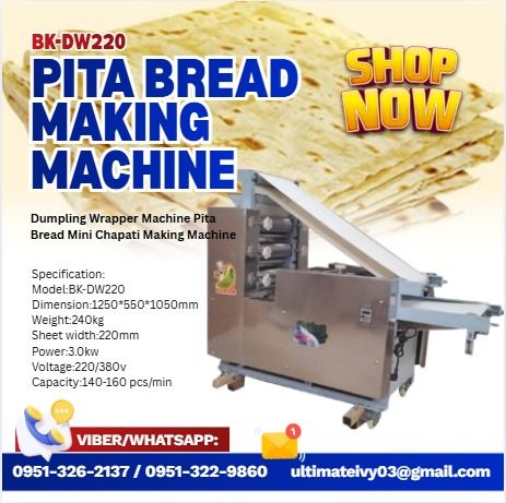 Pita bread making machine BK-DW220 (Category: Everything Else Others) located in Caloocan City. Submitted by joanna165_ocean (Listing ID 1463828203, Image 1). Description: Model:BK-DW220 Dimension:1250*550*1050mm Weight:240kg Sheet width:220mm Power:3.0kw Voltage:220/380v Capacity:140-160 pcs/min Terms Of Payment 💰50% Down payment Upon Processing 💸 💰50% Upon pick up 💸 ✅ 100% LEGIT TRUSTED SUPPLIER! ✅ With Complete Legal Documents ✅ BIR Regist