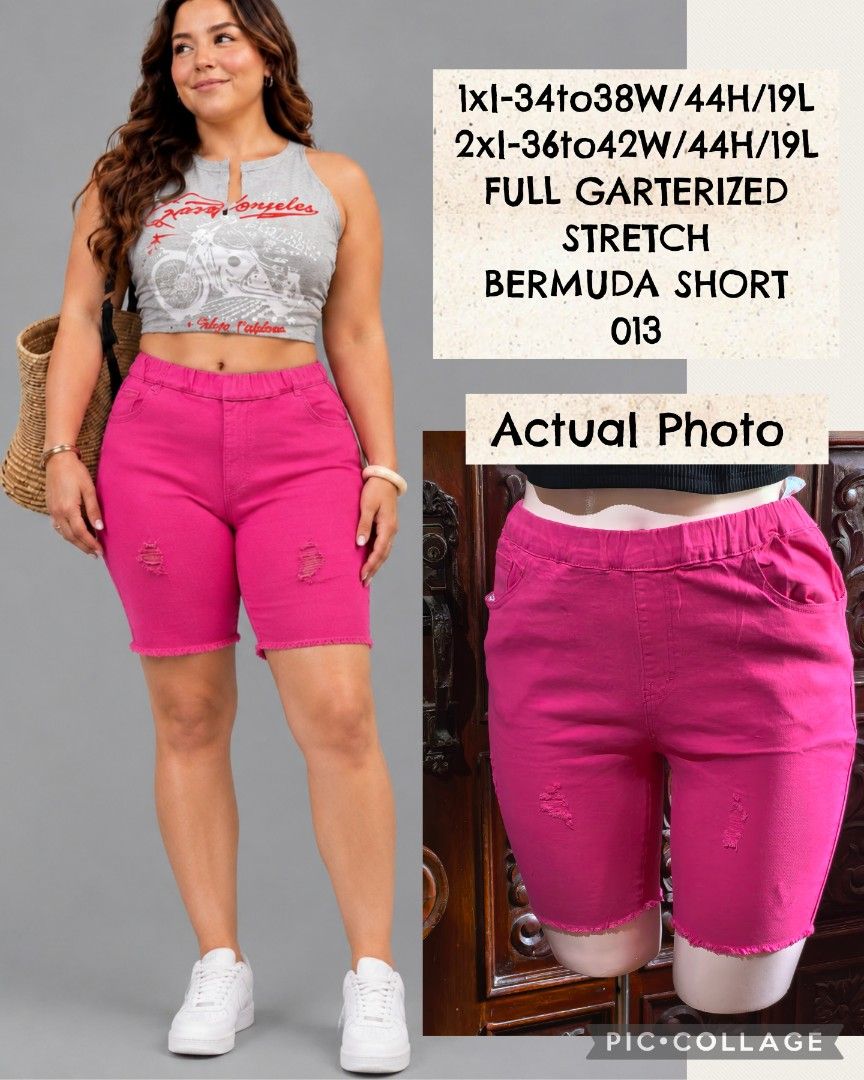 PLUS SIZE Full Garterized Stretch Bermuda Shorts - Pink (Category: Shorts) located in Marikina City. Submitted by dapple (Listing ID 1463871098, Image 1). Description: - Pink stretch bermuda shorts - Full garterized waist for ultimate comfort - Trendy distressed details on the legs - Frayed hem for a stylish look - Available Sizes: - 1XL (fits 34-38 waist) - 2XL (fits 36-42 waist) - Inseam: 19 inches for both sizes - Actual photo posted.