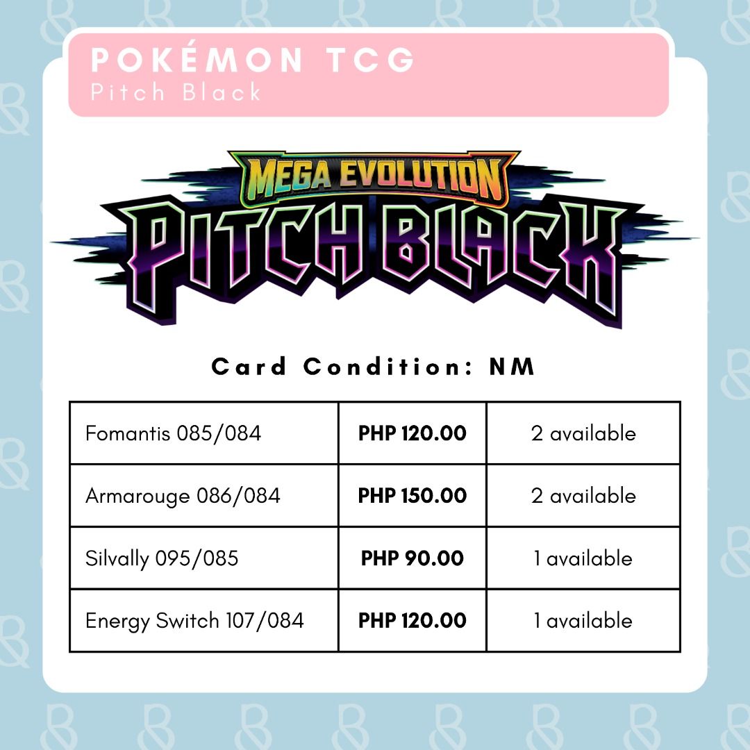 [POKEMON TCG] Mega Evolution Pitch Black Cards (Category: Raw Singles) located in Carmona. Submitted by beautyand_ (Listing ID 1463306100, Image 3). Description: POKÉMON TCG: ME PITCH BLACK ON-HAND Normal: ₱7.00 each Holo / Reverse Holo: ₱15.00 each IR: Price based on Collectr (as of 09/24/2026) All cards come sleeved and are in NM-LP condition, unless otherwise stated. Send me your list of needed cards and I can check availability. Feel free to 