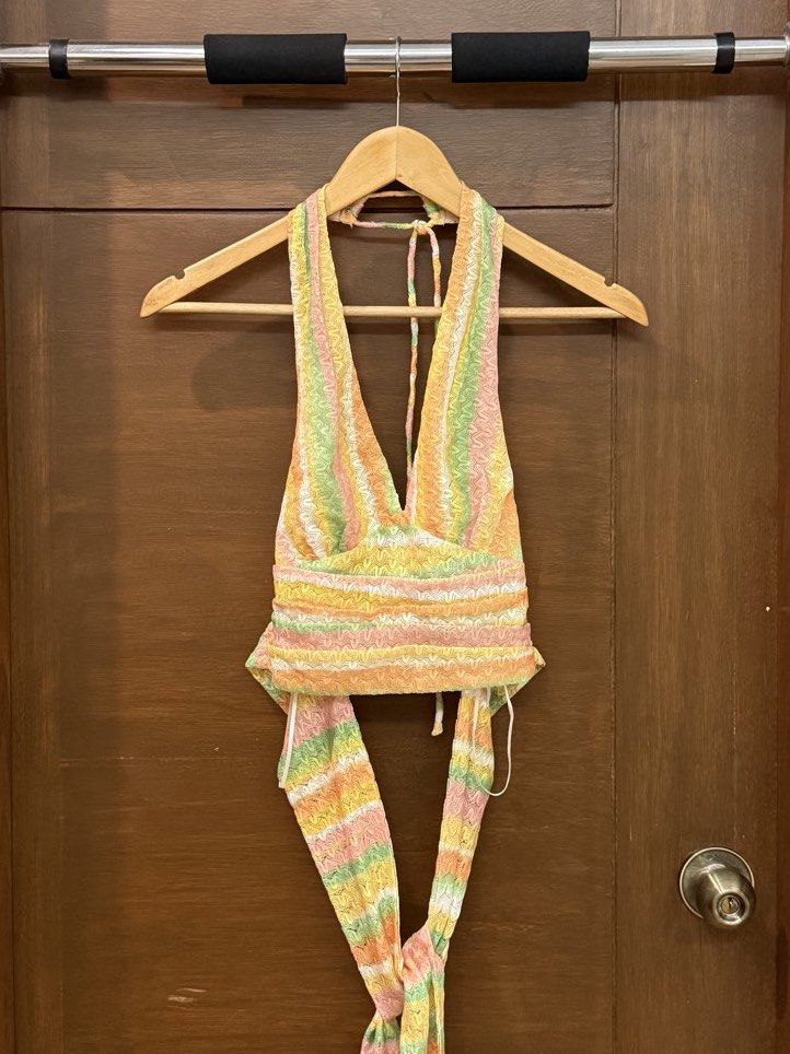 Pomelo Stripe Print Crop Halter Top in Multicolor (Category: Sleeveless) located in Tarlac. Submitted by samdeclutters_ (Listing ID 1463665104, Image 1). Description: - Size: XS - Fabric: Polyester - Part of the brand’s vibrant retro-inspired collection; nostalgic 70s prints and colors - Worn once - RFS: Not my style anymore.