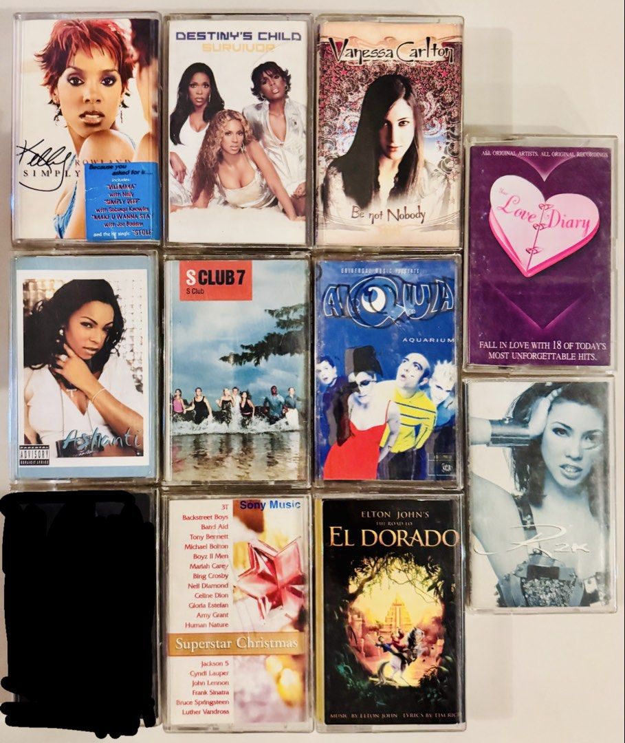 Pop Stars Cassette Tapes from the 2000s (Category: CDs & DVDs) located in Santa Rosa. Submitted by yourgirl0816 (Listing ID 1463880701, Image 1). Description: Product Name: Pop Stars Cassette Tapes from the 2000s Description: Authentic cassette tapes of Destiny's Child, Vanessa Carlton, Kelly Rowland, Ashanti, Aqua, S Club 7, Regine Velasquez and more. Condition: Old from the 2000s. Shows many signs of age. Price: 500 flat for all 10 tapes.