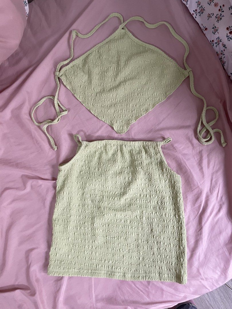 Preloved Tops and terno (Category: Others Tops) located in Alicia. Submitted by maicaaaaaaa (Listing ID 1463830029, Image 2). Description: Green terno - ₱150 Mera Pink and White top - ₱100 Crop top - 50.