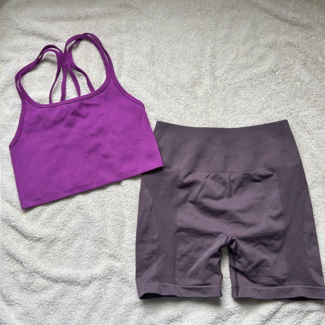 Purple Gym Yoga Workout Set Bundle (Category: Activewear) located in San Juan City. Submitted by e_declutters2019 (Listing ID 1463793596, Image 1). Description: • get both for 500 • forever 21 purple top - no pads - size small • gym shorts - small.