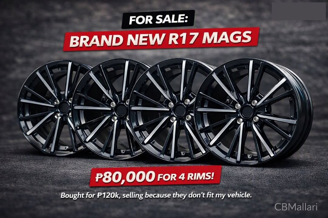 R17 magz for sale (Category: Mags and Tires) located in Meycauayan. Submitted by apolsclothing (Listing ID 1463744196, Image 1). Description: 🔥 FOR SALE — BRAND NEW R17 MAGS (SET OF 4) 🔥 💸 Price: ₱80,000 (complete set) 🛒 Bought for: ₱120,000 ❗ Reason for selling: Not compatible with my vehicle ✨ Features: Premium multi‑spoke design Gloss black with silver accents Zero scratches, zero mileage Still in original packaging Brand new, never instal