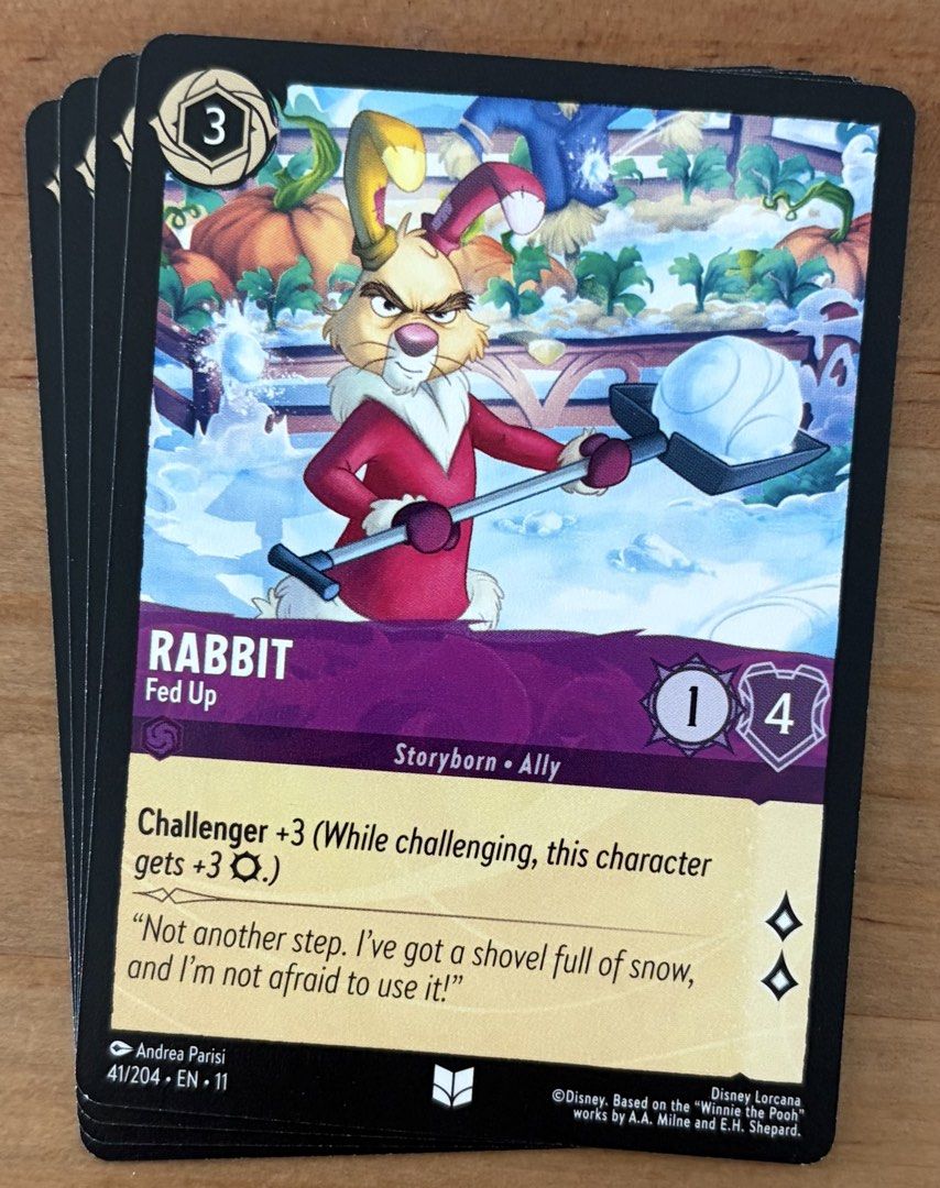 Rabbit - Fed Up | Disney Lorcana Cards ~ Winterspell (Category: Raw Singles) located in Makati City. Submitted by cardlab (Listing ID 1463832596, Image 1). Description: Items are 💯 authentic/original/legit. About The Card: •Language: EN • Number: 41/204 • Uncommon • Normal FOR: • Cards ₱99 and below with Card Sleeves • Cards ₱100 and up with Card Sleeves and Used Toploader • ₱10 for Bnew Tops Packaging (If Shipping): ✔️ Plastic cover ✔️ Cardboar