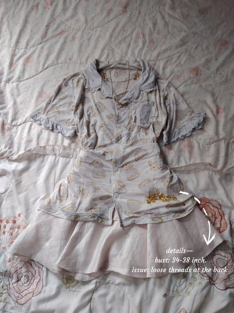 rabbit couquette sleepwear 🐰 (Category: Others Tops) located in Hermosa. Submitted by lcvelycath (Listing ID 1463764254, Image 2). Description: size: s-l mine: ₱149 bid: ₱+10 lock: ₱349 (shipped) EOB: monday—september 28 (the seller is on vacation 😘) °. thrifted, pre-loved, or brand new but ready to wear (some aren't bcs i don't have the time to wash them, very sorryy :<) colors may vary due to lightning & quality 𐙚 °. check details before min