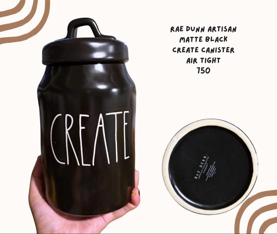 Rae Dunn Artisan Matte Black Create Canister (Category: Food Organization & Storage) located in Pasig City. Submitted by homeyvibesph (Listing ID 1463817469, Image 1). Description: Air tight.