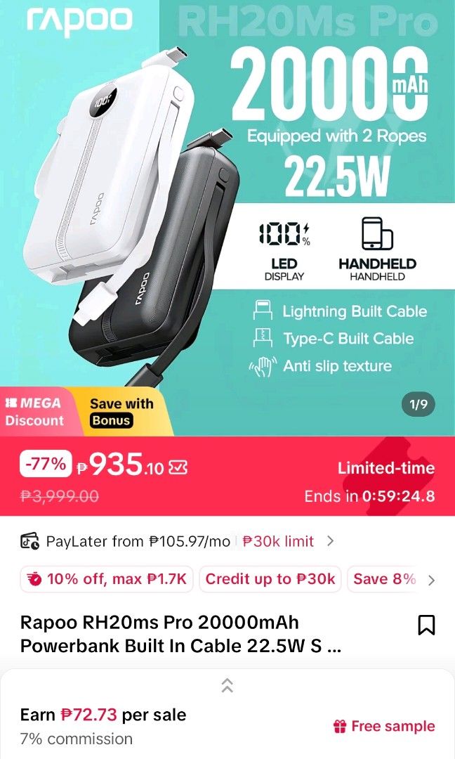 Rapoo RH20ms Pro 20000mAh Powerbank (Category: Batteries & Power Banks) located in Cabuyao City. Submitted by raiven.18 (Listing ID 1463782415, Image 3). Description: Rapoo RH20ms Pro 20000mAh Powerbank Built In Cable 22.5W Super Fast Charge Ultra-Compact.