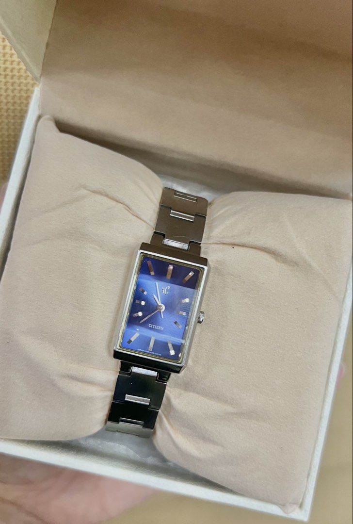 RARE Citizen XC Blue Dial Quartz Watch (Category: Women's Watches) located in Makati City. Submitted by mujiyah (Listing ID 1463816525, Image 2). Description: - Citizen watch - Rectangular blue dial - Silver metal strap - Simple and classic design - Includes classic box - Ideal for everyday or special occasions Reference No.: 5930-H07855 Japan Quartz Movement SN: 780046 Water Resistant Stainless Resistant Dimensions: 19.5mm including crown.