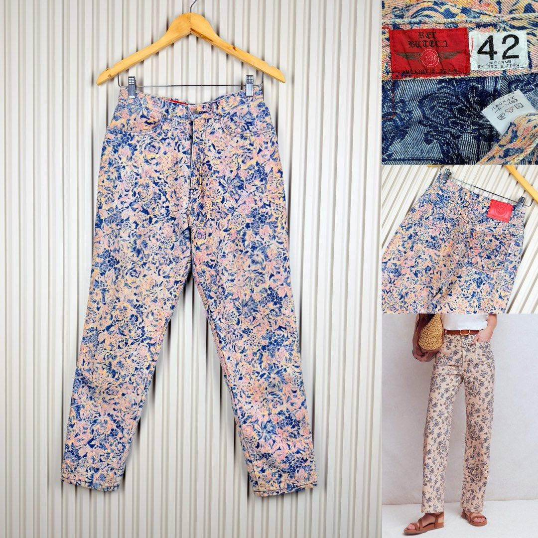 Red button Jeans Floral Print High Waisted Denim (Category: Jeans) located in Pasig City. Submitted by trendapparelph (Listing ID 1463852944, Image 1). Description: - Cool vintage jeans with a vibrant floral print - High-waisted fit - Pattern features blue, pink, and yellow colors - Perfect for a retro aesthetic - Made from comfortable cotton - Tag indicates size 42.