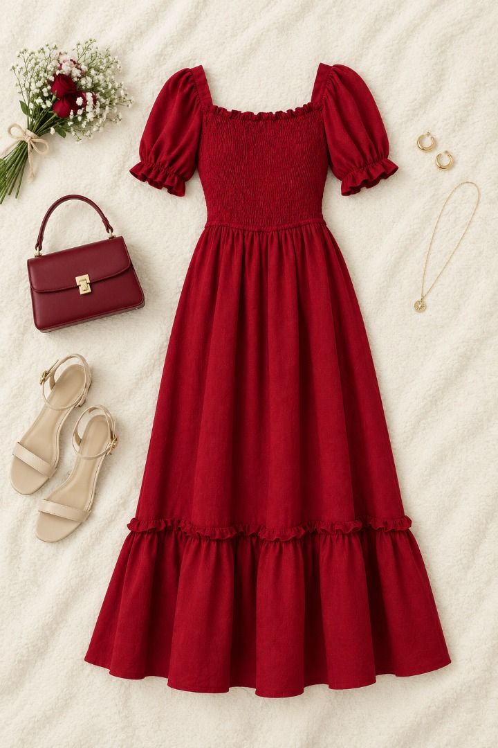 Red Midi Dress | Elegant & Feminine (Category: Dresses) located in General Santos City (Dadiangas). Submitted by aynleex (Listing ID 1463745077, Image 3). Description: ✨ Details: Rich red color Flowy A-line skirt Tiered/ruffle hem Midi length Elegant and feminine style Perfect for dates, parties, dinners, events, birthdays, photoshoots, vacations, or special occasions. ❤️ 📏 Measurements: Bust: Waist: Length:.