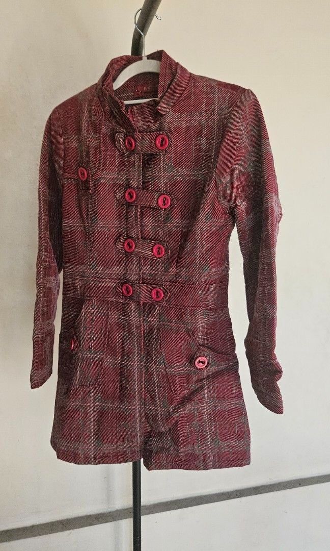 Red Tweed/Plaid Coat (Category: Coats, Jackets and Outerwear) located in Manila. Submitted by dcory (Listing ID 1463851689, Image 1). Description: Measurements Waist: 14 inches Shoulder: 15 inches Length: 29 inches.