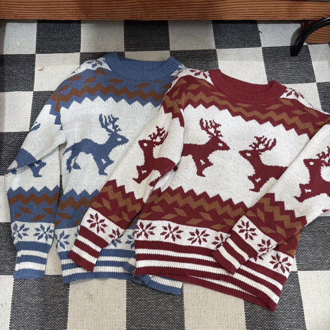 Reindeer Knit Sweater - Blue & Red (Category: Longsleeves) located in Makati City. Submitted by sseurekiii (Listing ID 1463755565, Image 1). Description: - Cozy knit sweaters - Festive reindeer and snowflake pattern - Available in blue and red - Perfect for the holiday season or casual winter wear - Soft and comfortable material - Great for gifting or personal use - P500 as pack, P300 each .