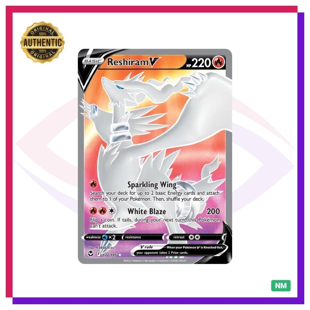 Reshiram UR (Category: Raw Singles) located in Quezon City. Submitted by sherylneri (Listing ID 1463855097, Image 1). Description: 2022 Pokemon Sword & Shield - Reshiram V | Silver Tempest | UR | 172/195 | EN 💯 Original 💯 Authentic • Card condition is indicated in the photo. (MT) Mint (NM) Near Mint (EX) Excellent (GD) Good (PR) Poor • Can send additional photos/videos upon request. • Manage your expectations for vintage cards. • ALL CARDS are 