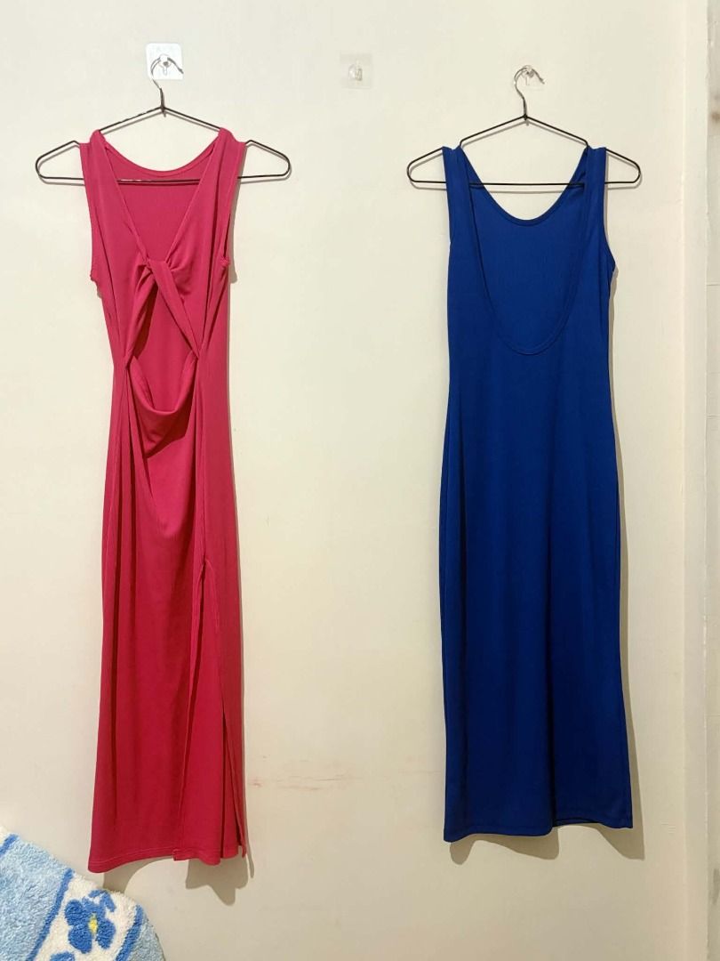Ribbed Maxi Dresses - Pink & Blue (Category: Dresses) located in San Leonardo. Submitted by burgossanleonardo.12345 (Listing ID 1463906530, Image 2). Description: - Set of two ribbed maxi dresses - Colors: Bright pink and deep blue - Style: Sleeveless with scoop neckline - Pink dress features: Back cutout detail, side slit - Blue dress features: Low scoop back - Material: Stretchy for comfortable fit - Versatile: Ideal for casual outings or dress