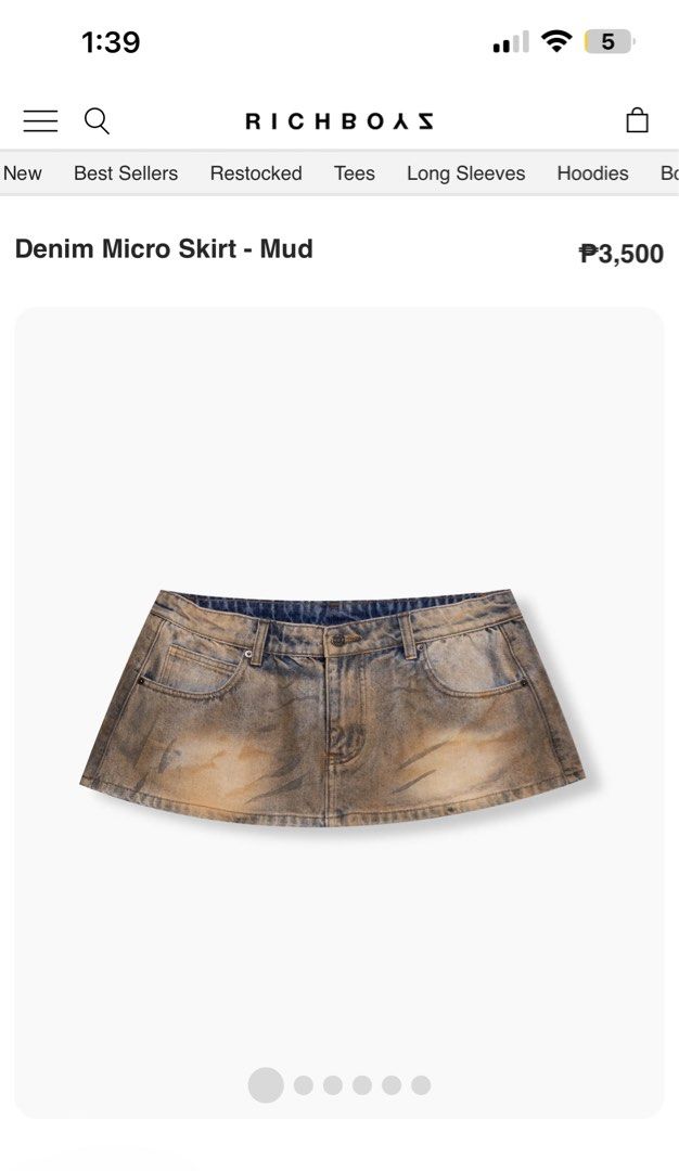 RICHBOYS Denim Micro Skirt - Mud (Category: Skirts) located in Manila. Submitted by buddybuddy501 (Listing ID 1463790557, Image 1). Description: - Mud wash denim micro skirt - Super short and flattering fit - Classic five-pocket design - Ideal for a casual, edgy style - Pairs well with simple tops.