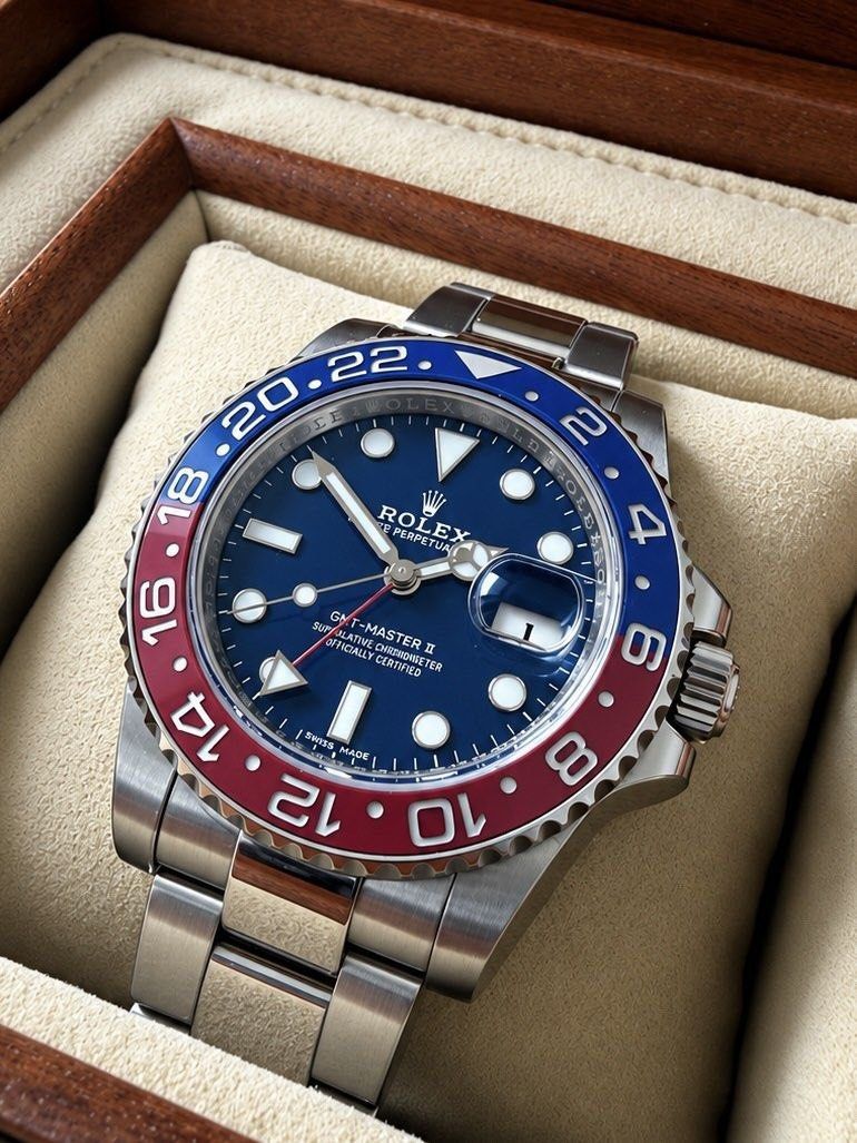 Rolex GMT Master II ‘white gold’ Complete set (Category: Men's Watches) located in Makati City. Submitted by dee_online888 (Listing ID 1463749879, Image 2). Description: For Sale: * Brand: Rolex * Model: GMT-Master II * Reference: 116719BLRO * Nickname: “Pepsi” * Case: 18 ct white gold * Case size: 40 mm * Dial: Midnight blue * Bezel: Red & blue Cerachrom ceramic 24-hour bezel * Bracelet: White-gold Oyster bracelet * Functions: Hours, minutes, se