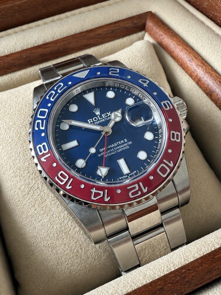 Rolex GMT Master II ‘white gold’ Complete set (Category: Men's Watches) located in Makati City. Submitted by dee_online888 (Listing ID 1463749879, Image 1). Description: For Sale: * Brand: Rolex * Model: GMT-Master II * Reference: 116719BLRO * Nickname: “Pepsi” * Case: 18 ct white gold * Case size: 40 mm * Dial: Midnight blue * Bezel: Red & blue Cerachrom ceramic 24-hour bezel * Bracelet: White-gold Oyster bracelet * Functions: Hours, minutes, se