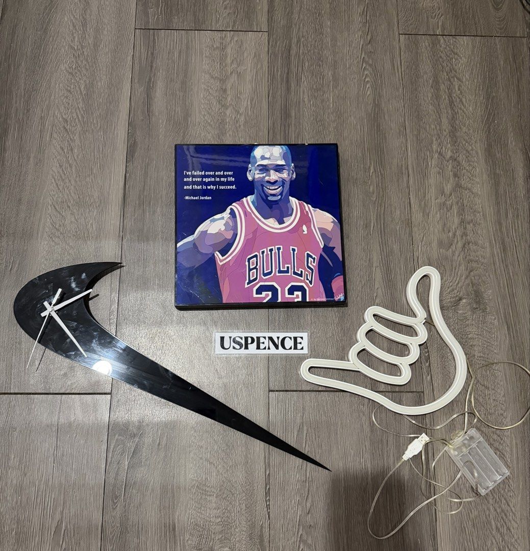 Room Wall Decor AsPack! (Category: Wall Decor) located in Makati City. Submitted by uspence (Listing ID 1463790087, Image 1). Description: Room Decor As Pack! ONLY 2 pcs left as pack! - Michael Jordan art piece featuring his iconic quote -White Shaka hand neon sign (Can be battery and powerbank operated (battery not included) ---------------------------- Black Nike Swoosh SOLD! - Ideal for any fan's room or man cave.