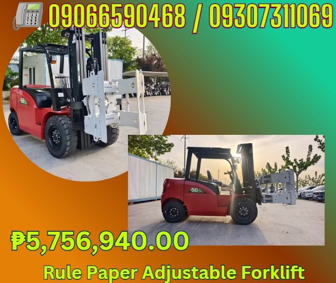 Rule Paper Adjustable Forklift with Clamp (Category: Industrial Equipment) located in Caloocan City. Submitted by silentdog_f890b4 (Listing ID 1463746347, Image 1). Description: - Red Adjustable Forklift - Includes Clamp Attachment - Ideal for handling paper rolls - Price: P5,756,940.00 - Contact us: 09066590468 or 09307311069 "MODEL:FB50 Driving mode: Seated Rated capacity: 5000kg Maximum lifting height :6000mm (three stage full free lifting hei