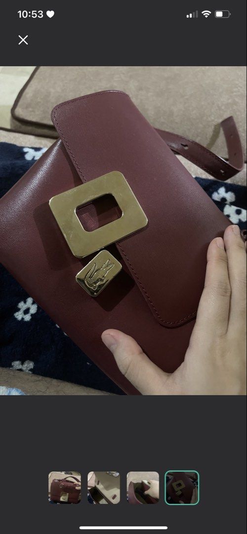 SALE Lacoste Bag Maroon (Category: Luxury Bags & Wallets) located in Quezon City. Submitted by rish40 (Listing ID 1463767277, Image 2). Description: - used once! sayang bagong bago pa walang gumagamit - Genuine maroon leather shoulder bag by Lacoste - Features a gold-tone buckle closure with iconic crocodile logo - Spacious beige interior - Adjustable strap for comfortable wear - Ideal for everyday style and practicality.
